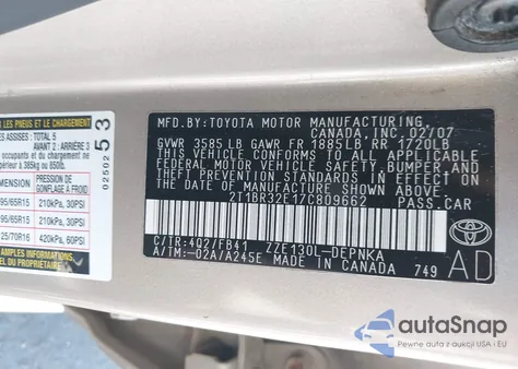 2007 Toyota Corolla Le z USA, uszkodzony, nr VIN 2T1BR32E17C809662